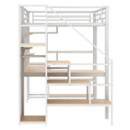 White Full Size Metal Loft Bed with Storage Staircase, Wardrobe, Desk and Shelves