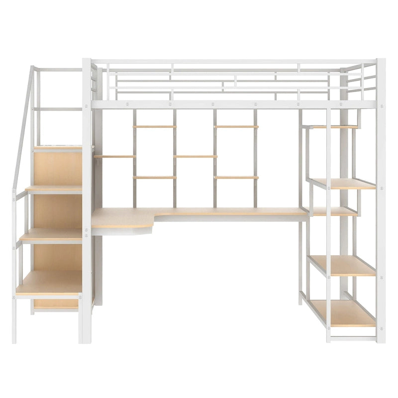 White Full Size Metal Loft Bed with Storage Staircase, Wardrobe, Desk and Shelves