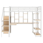 White Full Size Metal Loft Bed with Storage Staircase, Wardrobe, Desk and Shelves