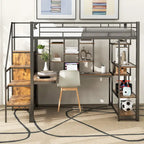 White Full Size Metal Loft Bed with Storage Staircase, Wardrobe, Desk and Shelves