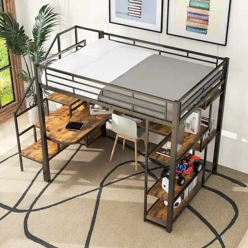 White Full Size Metal Loft Bed with Storage Staircase, Wardrobe, Desk and Shelves