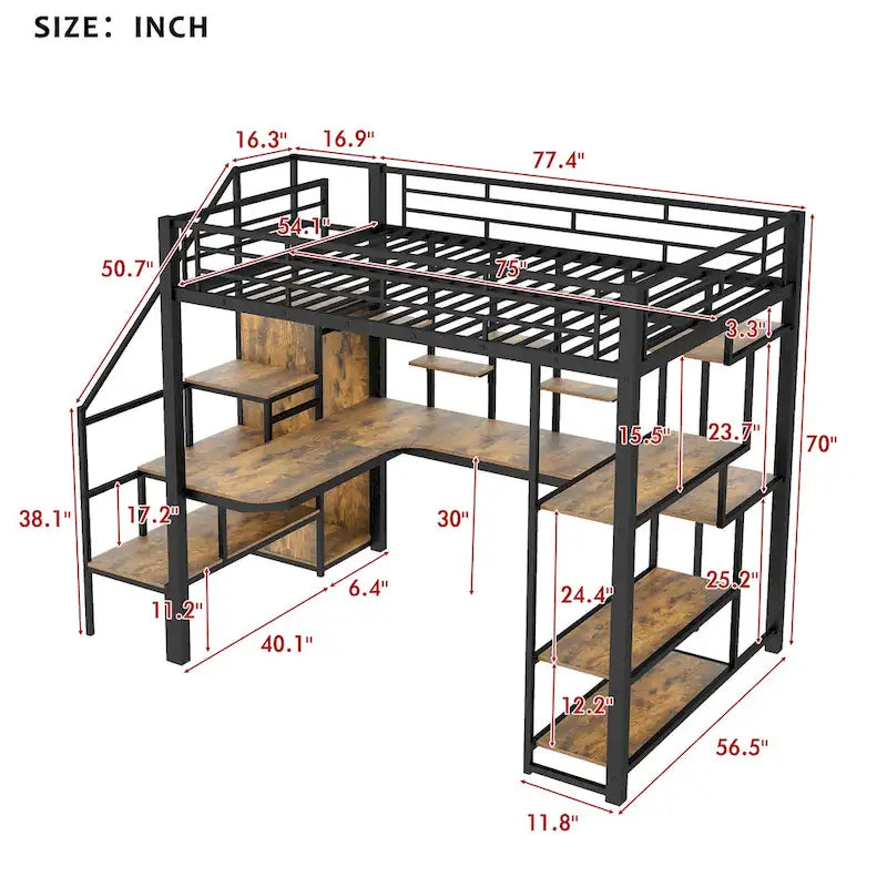 White Full Size Metal Loft Bed with Storage Staircase, Wardrobe, Desk and Shelves