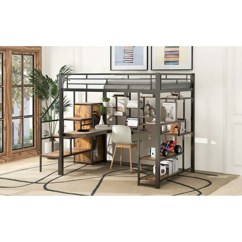 White Full Size Metal Loft Bed with Storage Staircase, Wardrobe, Desk and Shelves