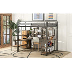White Full Size Metal Loft Bed with Storage Staircase, Wardrobe, Desk and Shelves