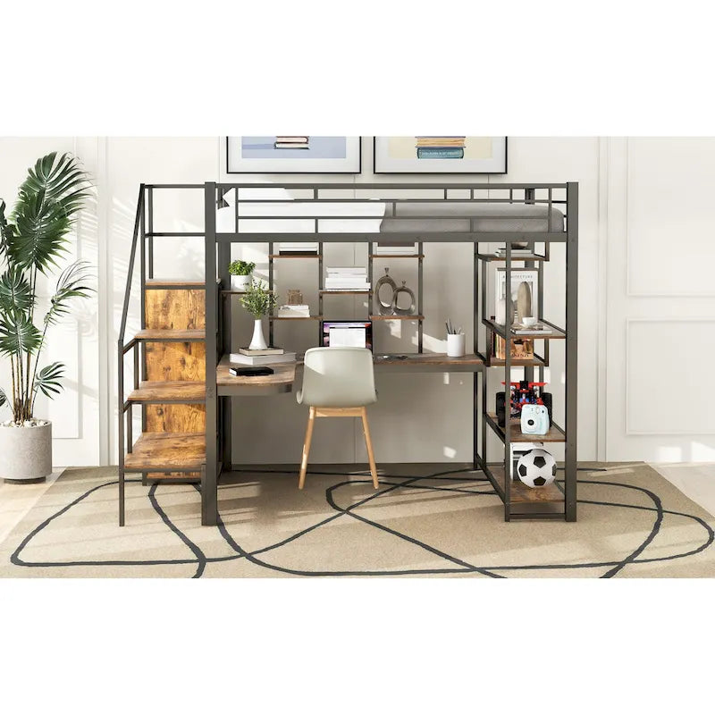 White Full Size Metal Loft Bed with Storage Staircase, Wardrobe, Desk and Shelves