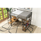White Full Size Metal Loft Bed with Storage Staircase, Wardrobe, Desk and Shelves