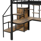 White Full Size Metal Loft Bed with Storage Staircase, Wardrobe, Desk and Shelves