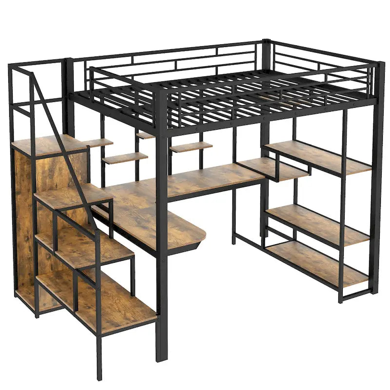 White Full Size Metal Loft Bed with Storage Staircase, Wardrobe, Desk and Shelves