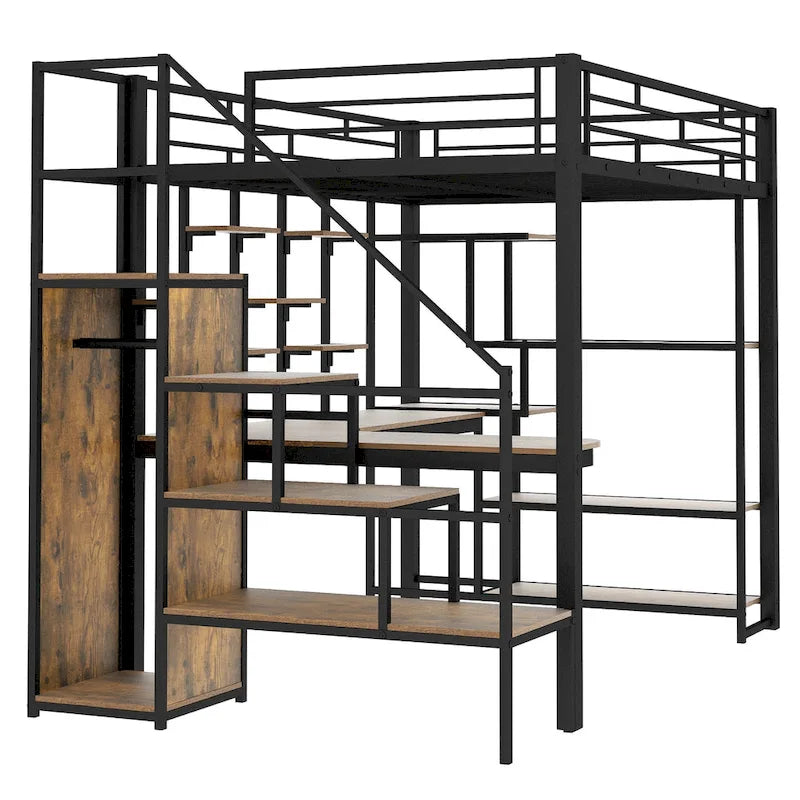 White Full Size Metal Loft Bed with Storage Staircase, Wardrobe, Desk and Shelves