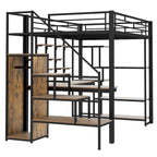 White Full Size Metal Loft Bed with Storage Staircase, Wardrobe, Desk and Shelves