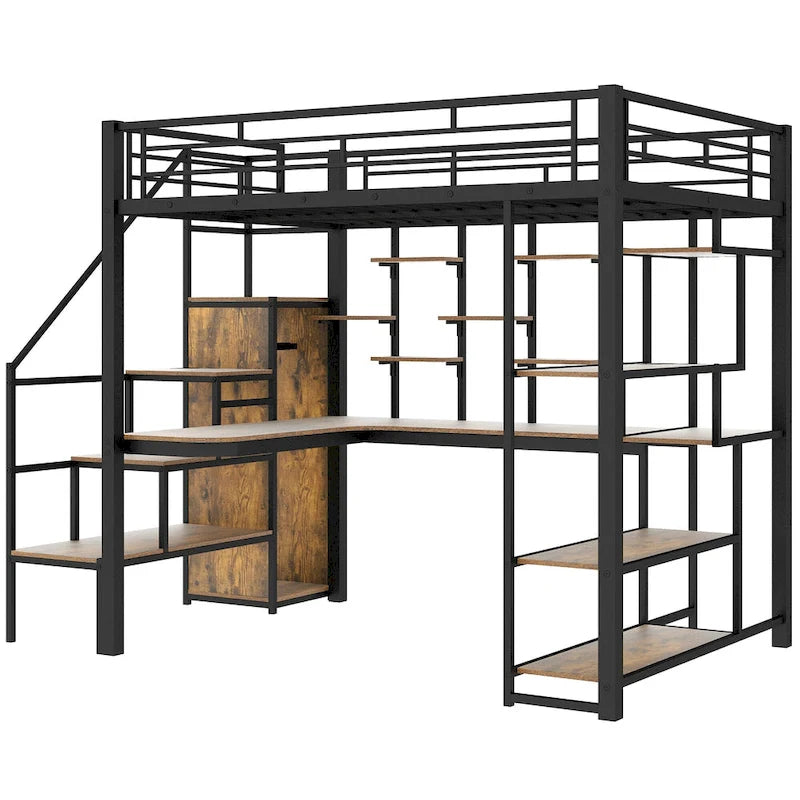 White Full Size Metal Loft Bed with Storage Staircase, Wardrobe, Desk and Shelves