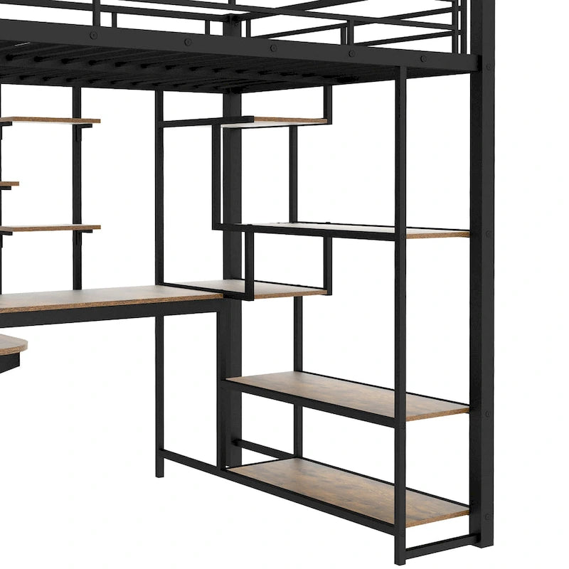 White Full Size Metal Loft Bed with Storage Staircase, Wardrobe, Desk and Shelves