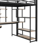 White Full Size Metal Loft Bed with Storage Staircase, Wardrobe, Desk and Shelves