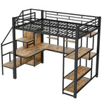 White Full Size Metal Loft Bed with Storage Staircase, Wardrobe, Desk and Shelves