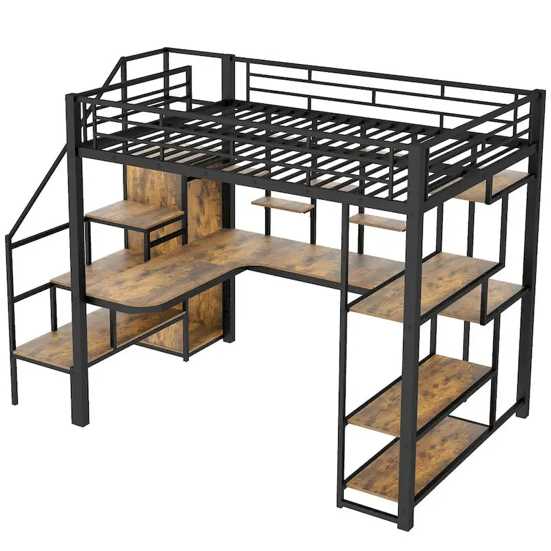 White Full Size Metal Loft Bed with Storage Staircase, Wardrobe, Desk and Shelves