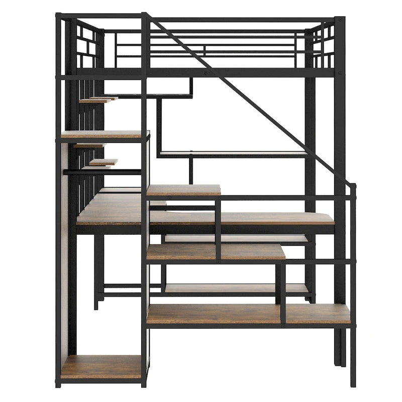 White Full Size Metal Loft Bed with Storage Staircase, Wardrobe, Desk and Shelves
