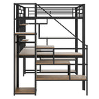 White Full Size Metal Loft Bed with Storage Staircase, Wardrobe, Desk and Shelves
