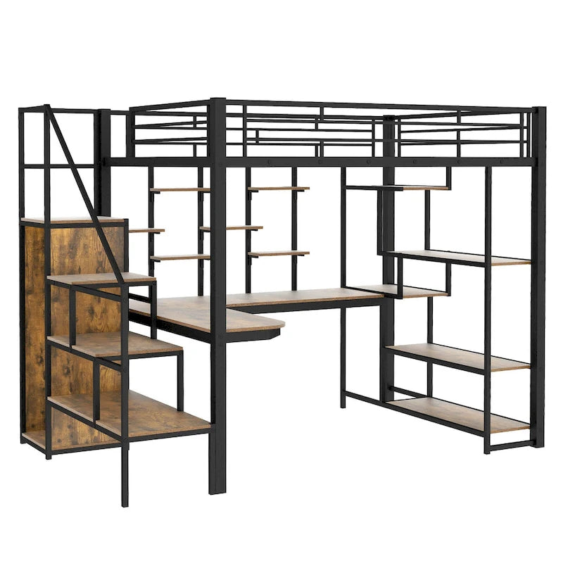 White Full Size Metal Loft Bed with Storage Staircase, Wardrobe, Desk and Shelves