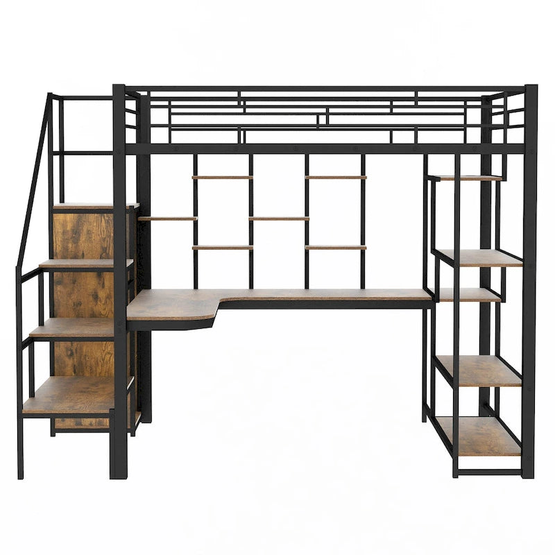 White Full Size Metal Loft Bed with Storage Staircase, Wardrobe, Desk and Shelves