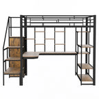 White Full Size Metal Loft Bed with Storage Staircase, Wardrobe, Desk and Shelves