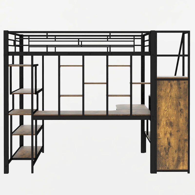 White Full Size Metal Loft Bed with Storage Staircase, Wardrobe, Desk and Shelves