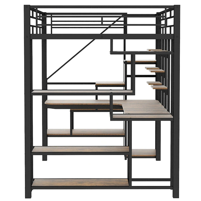 White Full Size Metal Loft Bed with Storage Staircase, Wardrobe, Desk and Shelves