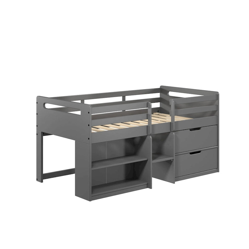 Twin Size Solid Wood Loft Bed with Storage and Fence for Kids, Boys and Girls, Bedroom