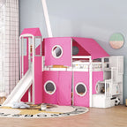 Twin Loft Bed with Play Tent & Tower and Castle Design, 250lb Capacity, Solid Wood Frame