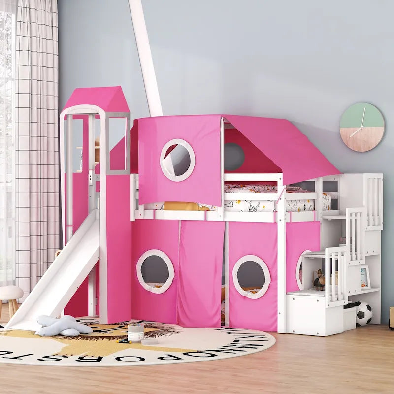 Twin Loft Bed with Play Tent & Tower and Castle Design, 250lb Capacity, Solid Wood Frame