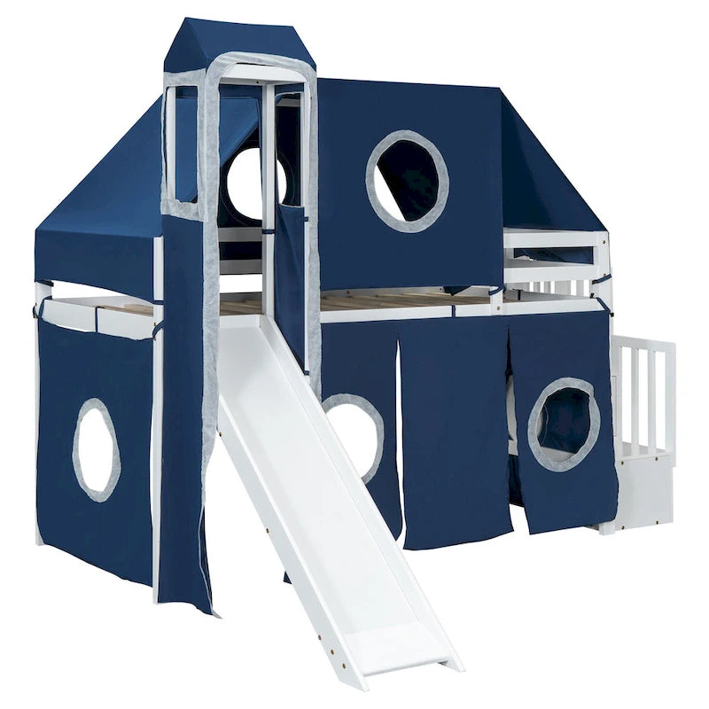 Twin Loft Bed with Play Tent & Tower and Castle Design, 250lb Capacity, Solid Wood Frame