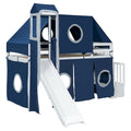 Twin Loft Bed with Play Tent & Tower and Castle Design, 250lb Capacity, Solid Wood Frame