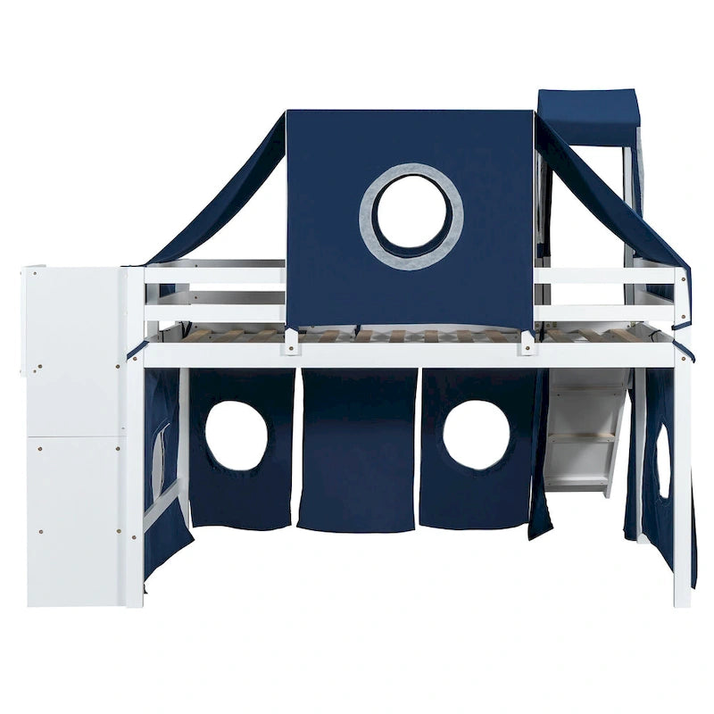 Twin Loft Bed with Play Tent & Tower and Castle Design, 250lb Capacity, Solid Wood Frame