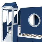 Twin Loft Bed with Play Tent & Tower and Castle Design, 250lb Capacity, Solid Wood Frame