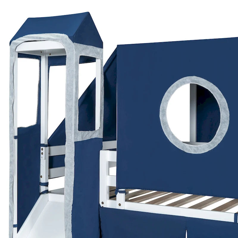 Twin Loft Bed with Play Tent & Tower and Castle Design, 250lb Capacity, Solid Wood Frame