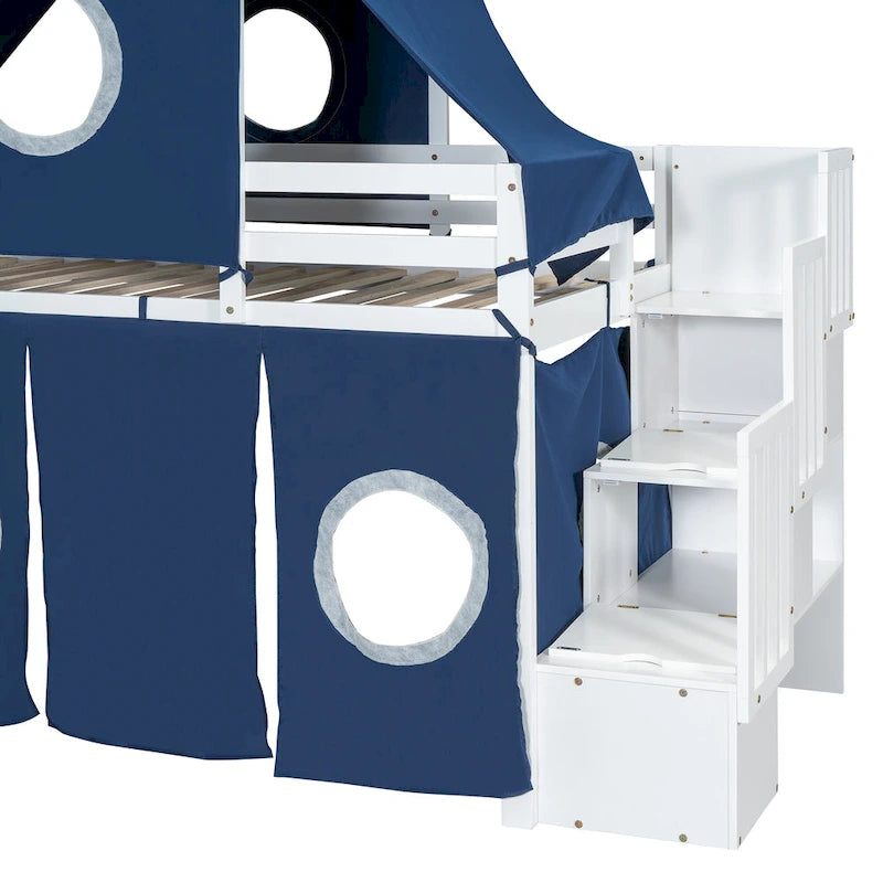 Twin Loft Bed with Play Tent & Tower and Castle Design, 250lb Capacity, Solid Wood Frame