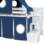 Twin Loft Bed with Play Tent & Tower and Castle Design, 250lb Capacity, Solid Wood Frame