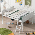 White Full Size Solid Wood Low Loft Bed with Convertible Ladder and Fence
