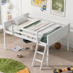 White Full Size Solid Wood Low Loft Bed with Convertible Ladder and Fence