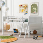 White Full Size Solid Wood Low Loft Bed with Ladder and Fence Baffle, and Wood Slats Support for Bedroom