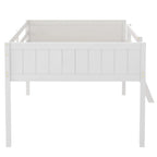 White Full Size Solid Wood Low Loft Bed with Convertible Ladder and Fence