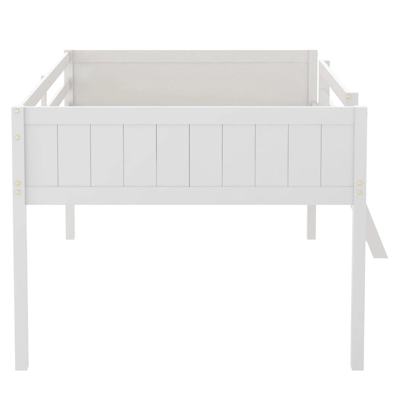 White Full Size Solid Wood Low Loft Bed with Convertible Ladder and Fence