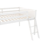 White Full Size Solid Wood Low Loft Bed with Convertible Ladder and Fence
