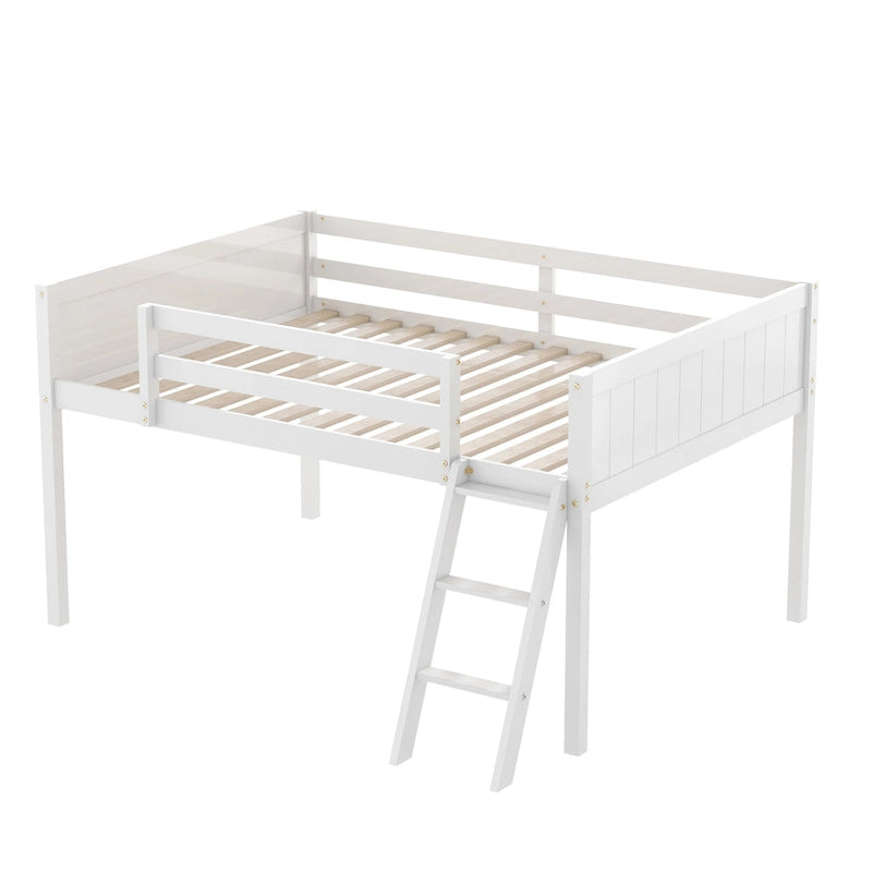 White Full Size Solid Wood Low Loft Bed with Convertible Ladder and Fence