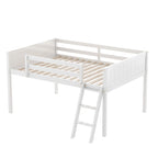 White Full Size Solid Wood Low Loft Bed with Convertible Ladder and Fence