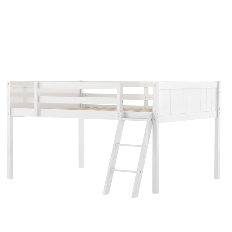 White Full Size Solid Wood Low Loft Bed with Convertible Ladder and Fence