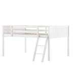 White Full Size Solid Wood Low Loft Bed with Convertible Ladder and Fence