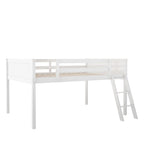 White Full Size Solid Wood Low Loft Bed with Convertible Ladder and Fence