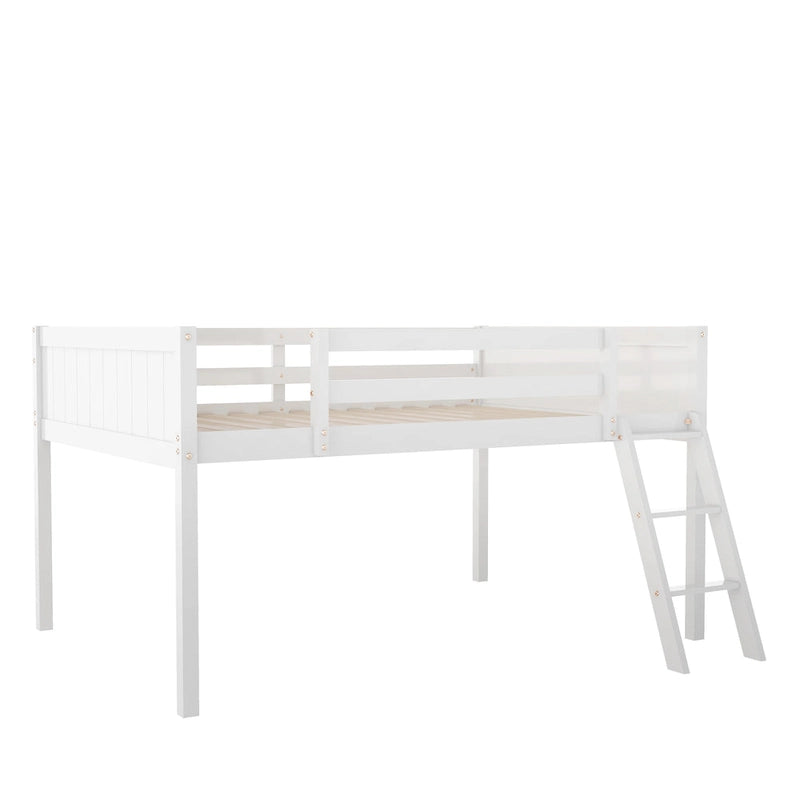 White Full Size Solid Wood Low Loft Bed with Convertible Ladder and Fence