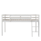 White Full Size Solid Wood Low Loft Bed with Convertible Ladder and Fence