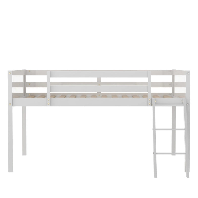 White Full Size Solid Wood Low Loft Bed with Convertible Ladder and Fence